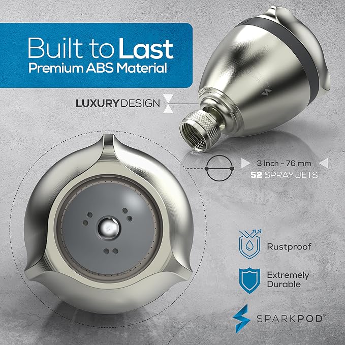 SparkPod High Pressure Shower Head, 3 Inch Fixed Showerhead, Brushed Nickel | Rain, Pulsating & Combo Modes, Helps Boosts Low Water Pressure, Anti-Clog Nozzles, Easy Install