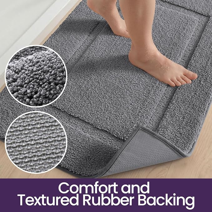 DEXI Bath Mat 24x16, Absorbent and Non Slip Bathroom Rugs, Grey | Soft Plush Microfiber Bathmat, Machine Washable & Quick Dry, Rubber Back Small Rug for Shower, Tub, Sink