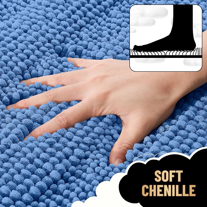 OLANLY Thick Bathroom Rugs 30x20, Soft Chenille Bath Rugs, Cornflower Blue | Rubber Backing, Machine Wash, Extra Absorbent Striped Bath Mats for Bathroom Floor, Tub and Shower, Home Decor Accessories