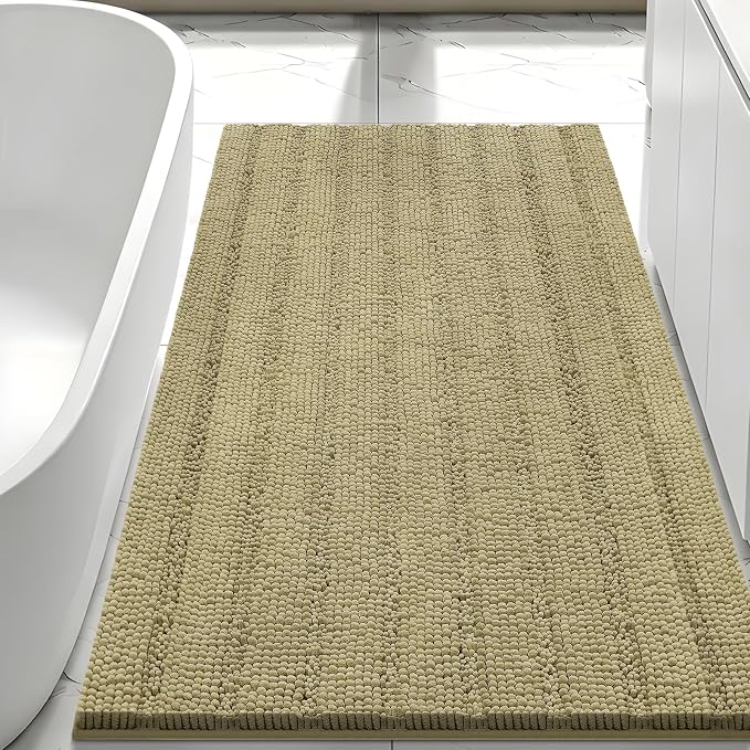 Bcoimo Bath Rug Mat,Beige Chenille High Absorbent Long Bathroom Runner Rugs | Non Slip with Rubber Back Bathroom Mat For Floor,Tub,Shower; Extra Soft mat; Quick Dry 48x30 Microfiber mat; Machine Washable