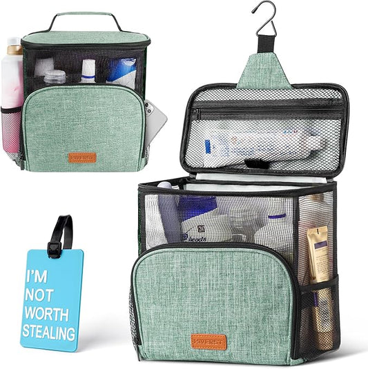 Hanging Toiletry Bag, Shower Caddy Tote Bag (Updated Version, Full Size Bottle Compatible), Bath Organizer for College Dorms, Gym, Camp, Women Men, with Funny Luggage Tag