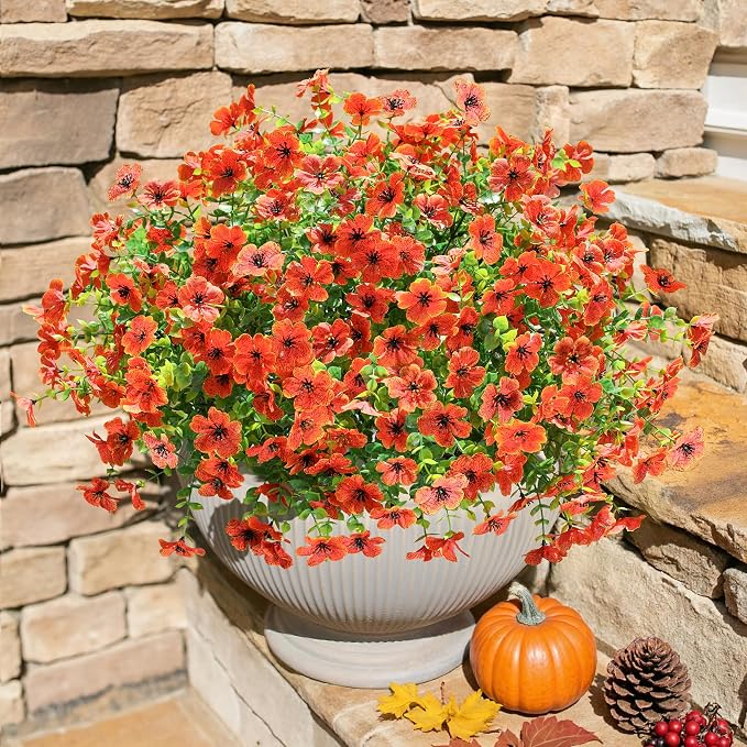 Artificial Fall Flowers Faux Mums for Outdoor Indoor Garden Home Decoration, Faux Flower Daisy with Eucalyptus Leaves Fake Mums Plants Greenery Boxwood Porch Patio, 12 Bundles (Orange)