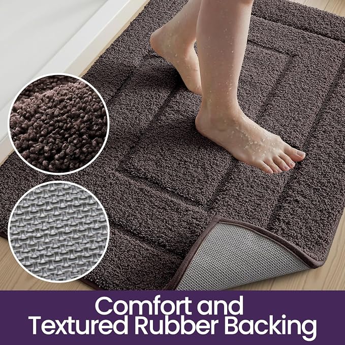 DEXI Bathroom Rugs 32x20, Non-Slip and Absorbent Bath Mat, Brown | Machine Washable, Soft Plush Microfiber Bathmat with Rubber Back, Quick Dry Rug for Shower, Tub, Sink
