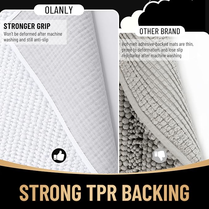 OLANLY Thick Chenille Bathroom Runner Rugs 47x17, Absorbent Bath Mat, White | Soft Bath Rugs, Rubber Backing, Machine Wash Dry, Bath Mats for Bathroom, Tub and Shower, Home Decor Accessories