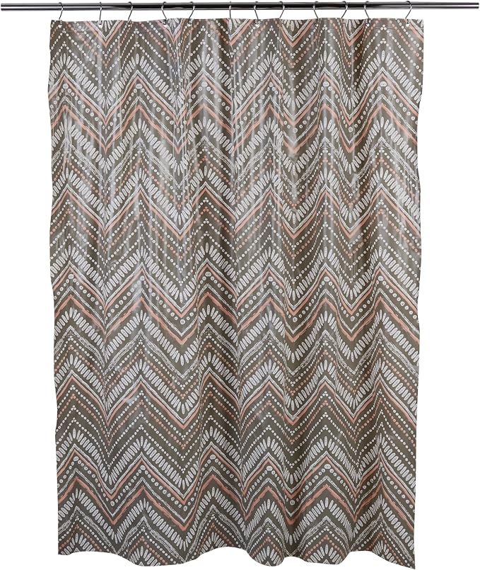 Bath Bliss 70” x 72” PEVA Shower Curtain | 12 Rust Proof Metal Grommets | Reinforced Header | Waterproof | Dotted Chevron Design | Grey and Pink