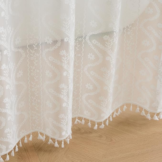 WAZZIO White Lace Shower Curtain - Vintage Pretty Flower Sheer Shower Curtains, Elegant Decorative Tassel Bath Curtains for Bathroom, 72 x 84 Inch, 1 Piece