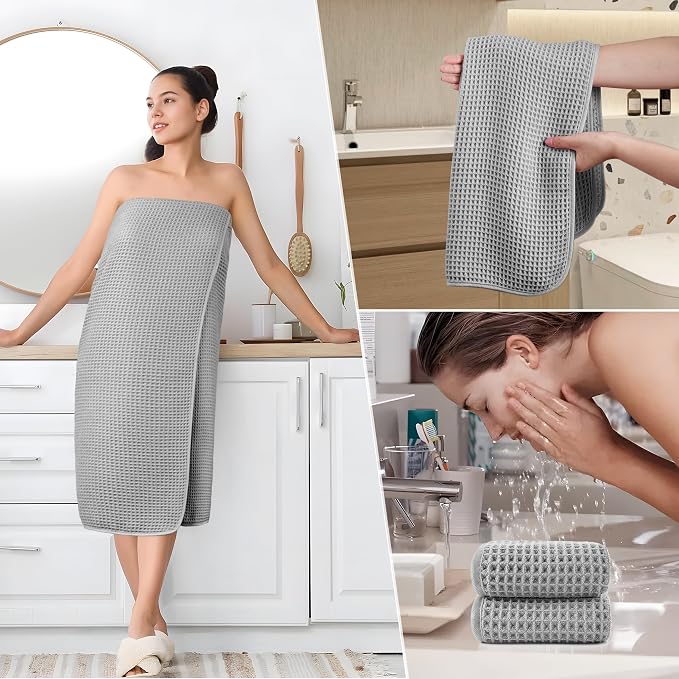 POLYTE 430 GSM Poly Blend Microfiber Quick Dry Waffle Bath Towel Set of 6 | 2-Body Towels, 2-Hand Towels, 2-Wash cloths, Oversize, Lint Free