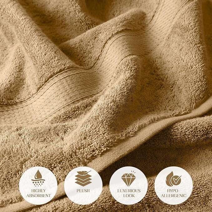 SUPERIOR Egyptian Cotton Ultra Plush & Absorbent, 12 Piece Set, Toast | Heavyweight 12 Pc Egyptian Cotton Towel Set Includes 4 Bath Towels 4 Hand Towels 4 Washcloths Decorative Rope Border