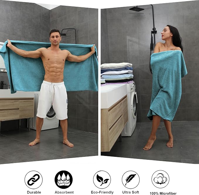 Smuge 8-Piece Turquoise Bath Towel Set, 2 Extra Large Bath Towel Sheets, 2 Hand Towels and 4 Washcloths - Highly Absorbent Quick Dry Microfiber,Ultra Soft Towel Set for Bathroom, Waffle Weave Design
