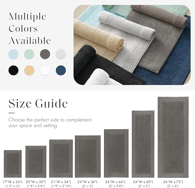 Madison Park Splendor Reversible 100% Cotton Bath Rug, 24 x 44, Charcoal | Tufted Bathroom Mat, 3000 GSM, Hotel Quality, Luxurious Plush, Medium Pile, Absorbent, Quick Dry, OEKO-TEX, Shower Room Décor