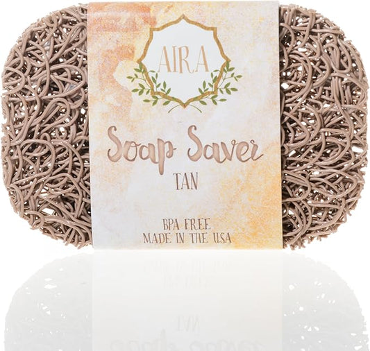 Aira Soap Saver - Soap Dish & Soap Holder Accessory - BPA Free Shower & Bath Cleanser Holder - USA Made - Drains Water, Circulates Air, Extends Life - Easy to Clean, Fits All Dish Sets - Tan