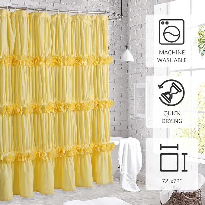 Bright Yellow Shower Curtain with 12 Buttonholes | Vintage Handcrafted Bow Tie Bath Curtain for Master Bathroom, Ruched Microfiber Bathroom Curtain, 72" W x 72" H (LQ-10)