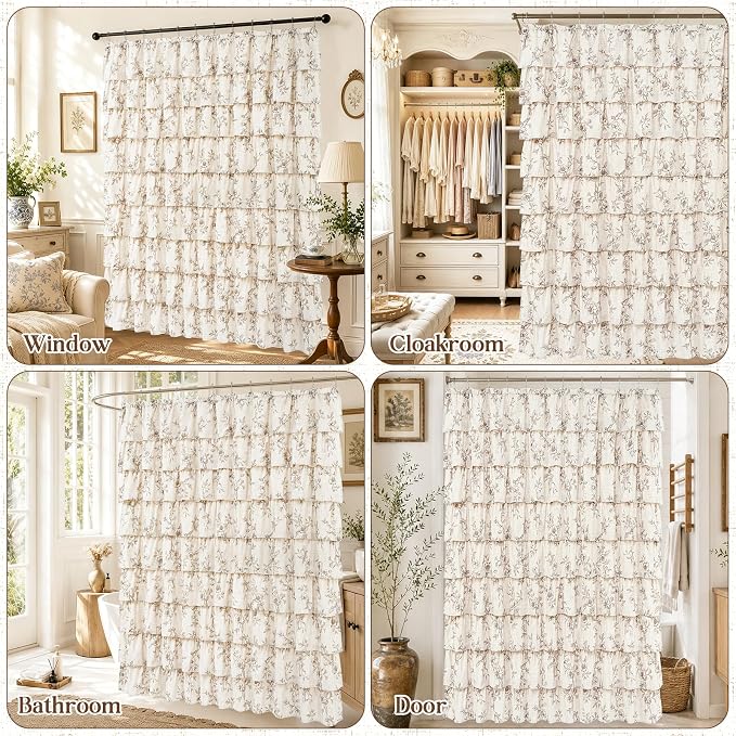 Long Farmhouse Floral Shower Curtain, Ruffle Bathroom Curtains, 72"Wx78"L | Brown Floral Print, Ruflle Design, 12 Metal Hooks, Vintage Rustic Washable Waterproof Shower Curtain for Bathroom Bathtub