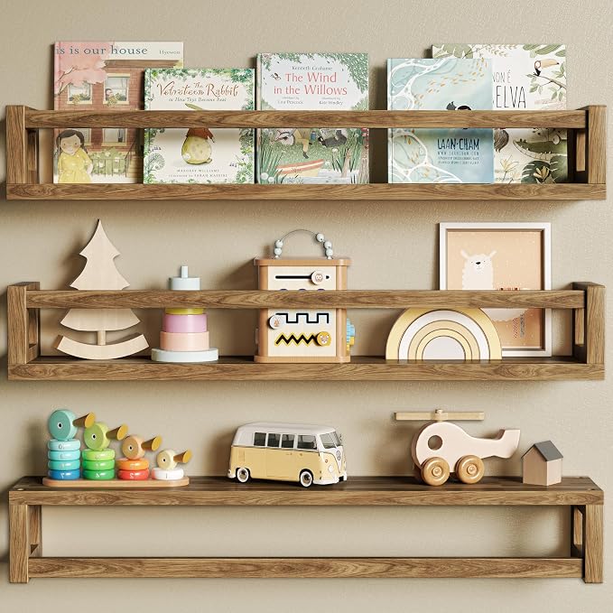 3 Pack 24 Inch Nursery Book Shelves, Solid Wood Floatingshelf, Walnut Brown | Durable Wall Mounted Shelves, Long Display Space for Books, Photos, Bedroom, Living Room and Spice Rack & Decor