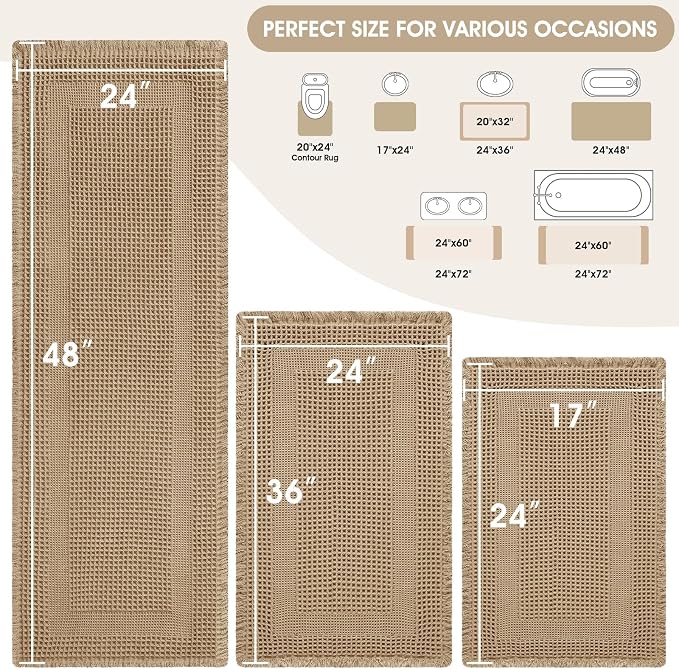 Upgraded Waffle Bath Mat Set 3 Piece Beige-Looped, Super Absorbent Non-Slip Quick Dry Bathroom Rugs with Tassels, Machine Washable Ultra Soft Boho Bath Rugs for Floor, Toilet Mats Boho Farmhouse Decor