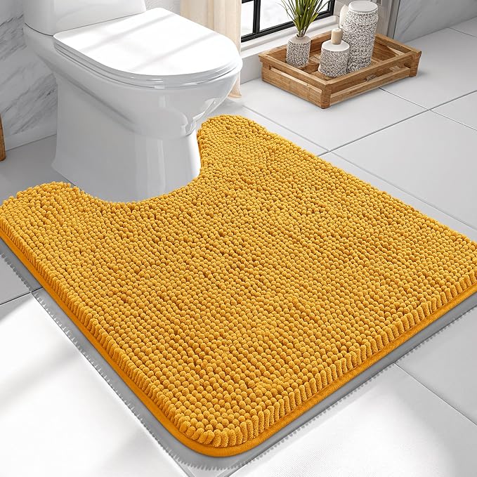 OLANLY Toilet Rugs U-Shaped 24x24, Soft Absorbent Chenille Contour Rugs | Golden Yellow, Quick-Drying Rubber Backing, Machine Washable Non-Slip Shaggy Bathroom Mat for Toilet, Home Decor Accessories