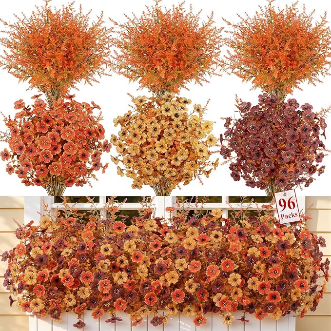 SHareconn 96 Bundles Fake Fall Flowers UV Resistant Outdoor Decor | Artificial Fall Flowers Silk Violet Lavender, Faux Fall Flowers Outside for Patio, Porch, Garden, Yard and Home, 3 Colors