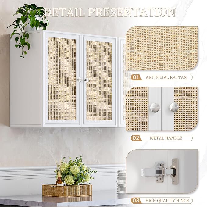 Wall Cabinet Storage-Rattan Laundry Cabinet,Kitchen Wall Mounted Cabinet with Adjustable Shelves for Laundry Room, Kitchen,Dining Room,Bathroom 24INCH X 1PCS