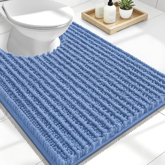 OLANLY U-Shaped Toilet Rug 24x20, Thick Soft Absorbent Chenille Contour Rug | Cornflower Blue, Shaggy Bathroom Mat with Non-Slip Rubber Backing, Quick-Drying, Washable for Toilet, Home Decor Accessories