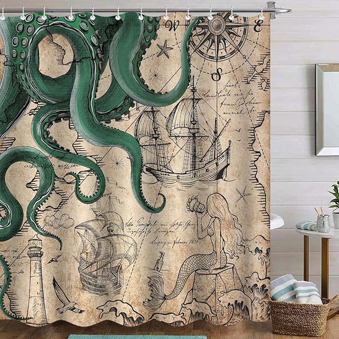 Fungarth 84 Inch Extra Long Vintage Green Nautical Octopus Shower Curtain Mermaid Funny Ocean Kraken Shower Curtains for Bathroom Cool Coastal Map Waterproof Fabric Bath Curtain (Retro2, 72” x 84”)
