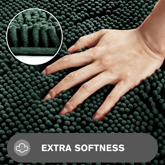 Dark Green Bathroom Rugs – Absorbent and Washable Bath Mat, Non-Slip, Thick Soft Chenille Bath Rugs for Bathroom Floor, Shower, Sink - 17" x 24"