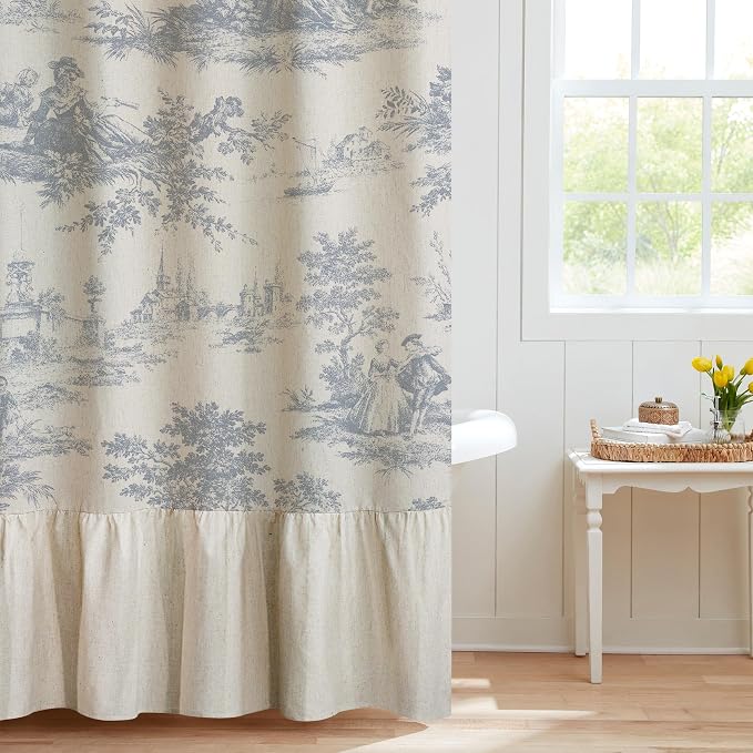 MUGINYU Ruffle Linen Shower Curtain with Blue and White Toile de Jouy for Vintage French Country Bathroom Decor Shabby Chic Chateau Toile Pattern 72x72 Inches