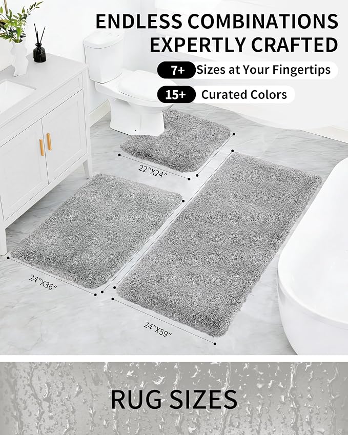 Bathroom Rugs Non Slip Washable 36x24, Ultra Thick Soft Microfiber Absorbent Bath Mats, High Density Foam Latex Non Slip Backing Bath Rugs, Fluffy Floor Carpet for Tub&Shower, Grey