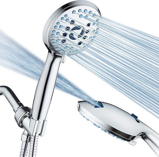 AquaCare 8-mode High Pressure Handheld Shower Head with 2-mode Power Wash | Stay Clean Nozzles, Dual Power Wash for Tub, Tile & Pets, Long 6 ft. Stainless Steel Hose, Wall & Overhead Brackets / Chrome