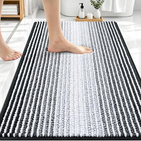 OLANLY Bathroom Rugs 30x20, Soft Chenille Striped Bath Rugs, Black | Extra Absorbent, Rubber Backing, Machine Wash Dry, Bath Mats for Bathroom Floor, Tub and Shower, Home Decor Accessories