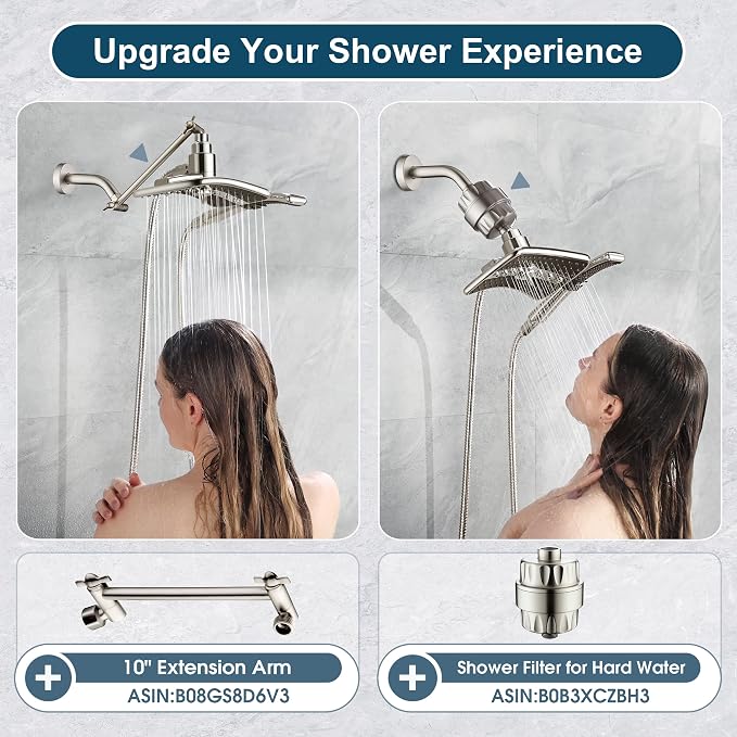 BRIGHT SHOWERS High Pressure Shower Head Combo with Two Spray Setting Fixed Shower Head and Two Spray Settings Handheld Shower Head with Grey Face, Brushed Nickel