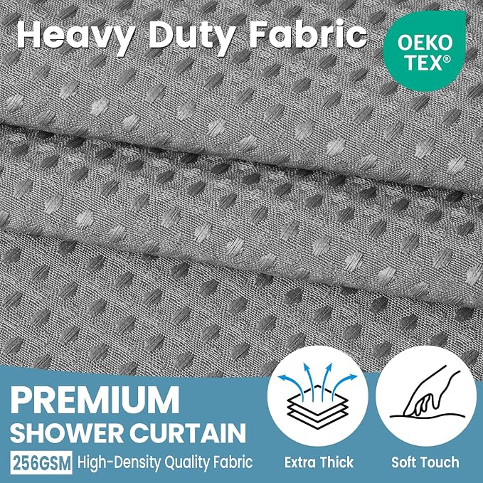 EUTXL Heavyweight No Hook Shower Curtain with Liner, Grey, 54x74 | Snap in Liner, Thick Waffle Fabric, Hotel Quality, Corner Magnets, Waterproof & Washable
