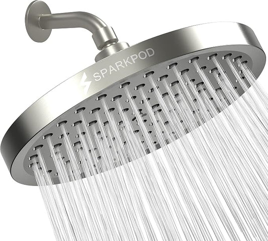 SparkPod Rain Shower Head, 8 Inch Round, Elegant Brushed Nickel Finish | High Pressure Shower Heads, 90 Nozzles, Adjustable Showerhead, No Tools Needed, Universal Connection