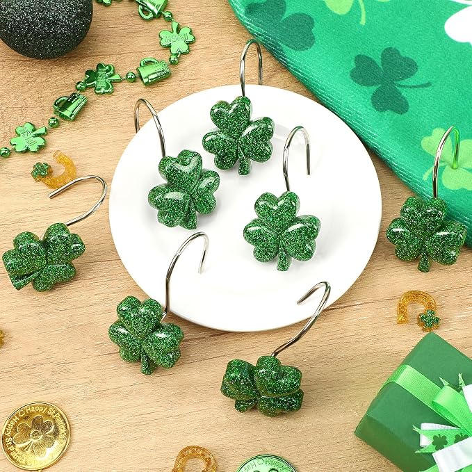 12Pcs St. Patrick's Day Glitter Shamrock Shower Curtain Hooks | Glitter Shamrock Design, Durable Resin Metal, Easy Installation, Versatile Use, and 12Pcs Set Perfect for Holiday Decor