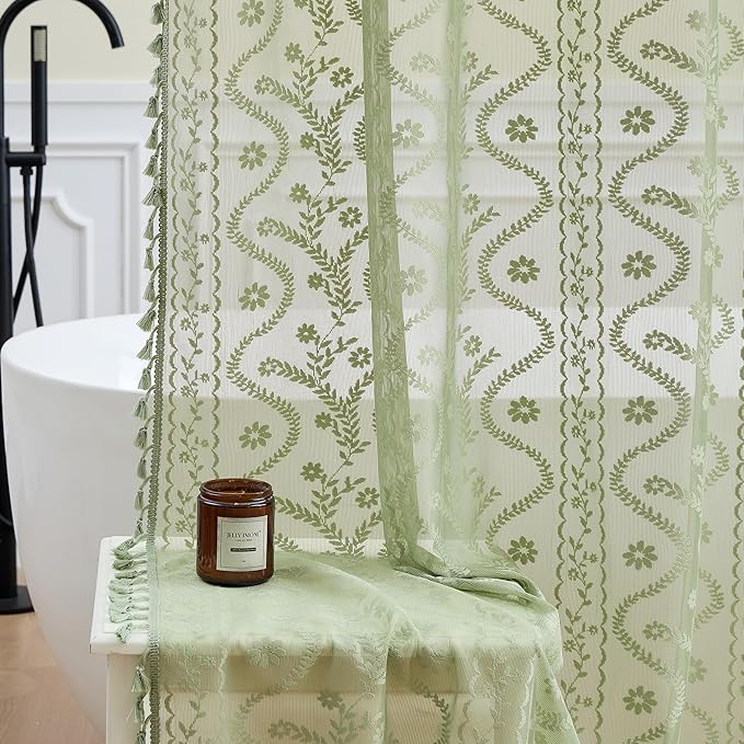 WAZZIO Sage Green Lace Shower Curtain - Vintage Pretty Floral Sheer Shower Curtains, Elegant Decorative Tassel Bath Curtains for Bathroom, 72 x 96 Inch, 1 Piece