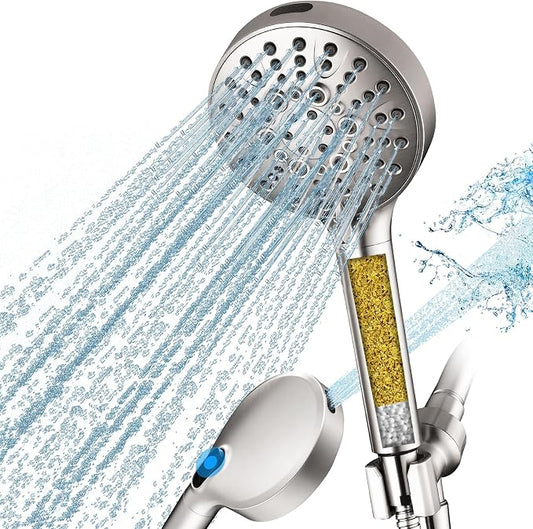 BRIGHT SHOWERS Filtered Shower Head with Handheld, High Pressure 9 Spray Mode Showerhead with Long Hose and Bracket, Water Softener Filters Beads for Hard Water - Removes Chlorine, Brushed Nickel
