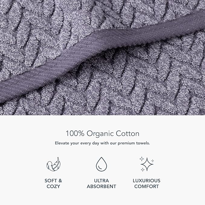 Texere 100% Organic Cotton Jacquard 650 GSM Premium Bath Towel Sets - Extra Absorbent Quick Dry and Soft (Cable, Granite, 2 Bath Towels)