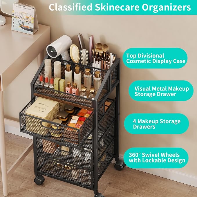 HapiRm Rolling Makeup Organizer Cart- Under Desk Vanity Storage with 4 Drawers, Floor Nail Cart Skincare Organizers Cosmetics Display Cases for Nail Polish Perfume Makeup Brush Hair Tool, Black