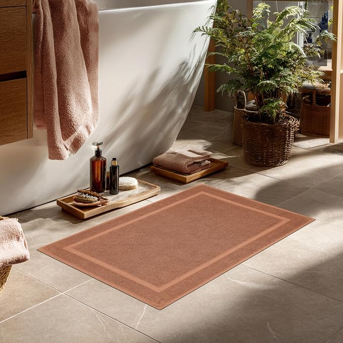 COTTON CRAFT Bath Mats - 2 Pack Tub Shower Floor Mat - 21x30 - Mocha | Ultra Absorbent Plush 900 GSM Pure Cotton Banded Border Luxury Towel Rug - Not a Bathroom Rug