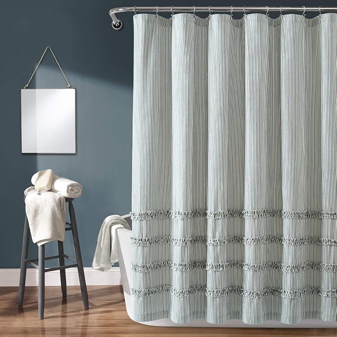 Lush Decor Vintage Stripe Yarn Dyed Cotton Shower Curtain, 72" x 72", Denim Blue