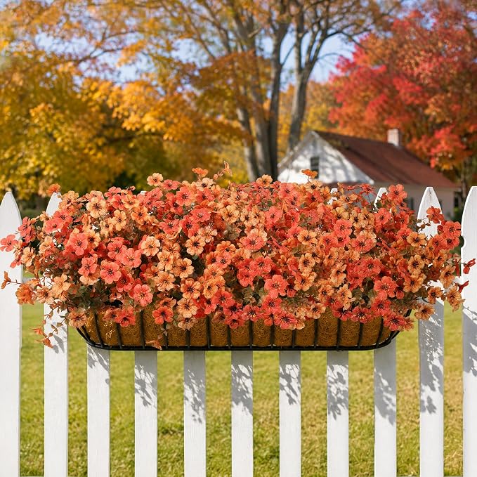 florisso Artificial Fall Flowers Fake Mums for Outdoor Autumn Decor | 12 Bundles Faux Silk Orange Yellow Mums Daisy + 1 Pc Reddish‑Brown Straw, UV Resistant for Outside Home Porch Patio Planter