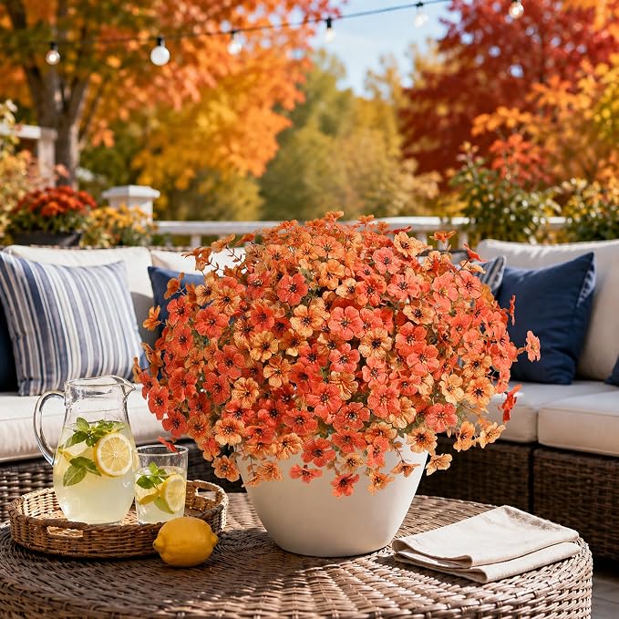 florisso Artificial Fall Flowers Fake Mums for Outdoor Autumn Decor | 12 Bundles Faux Silk Orange Yellow Mums Daisy + 1 Pc Reddish‑Brown Straw, UV Resistant for Outside Home Porch Patio Planter
