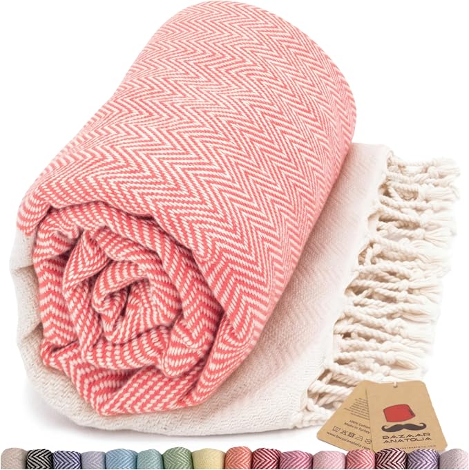 Beach Towel, 100% Cotton, 71x39 in, Herringbone Coral