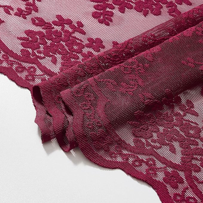 Burgundy Lace Shower Curtain 72x84, 84 Inches Long with Attached Valance | Wine Red Shower Curtain, Magenta Floral Lace Details, Airy Appearance, Vintage Victorian Moody Style forTall Bathrooms