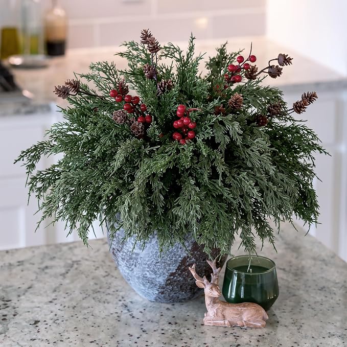 Faux Cedar Stems Artificial Norfolk Pine Branches for Christmas Decorations, 17 PCS Faux Pine Stems with Pinecones Red Berries Branches Realistic Faux Greenery for Vases DIY Garland Xmas Table Indoor