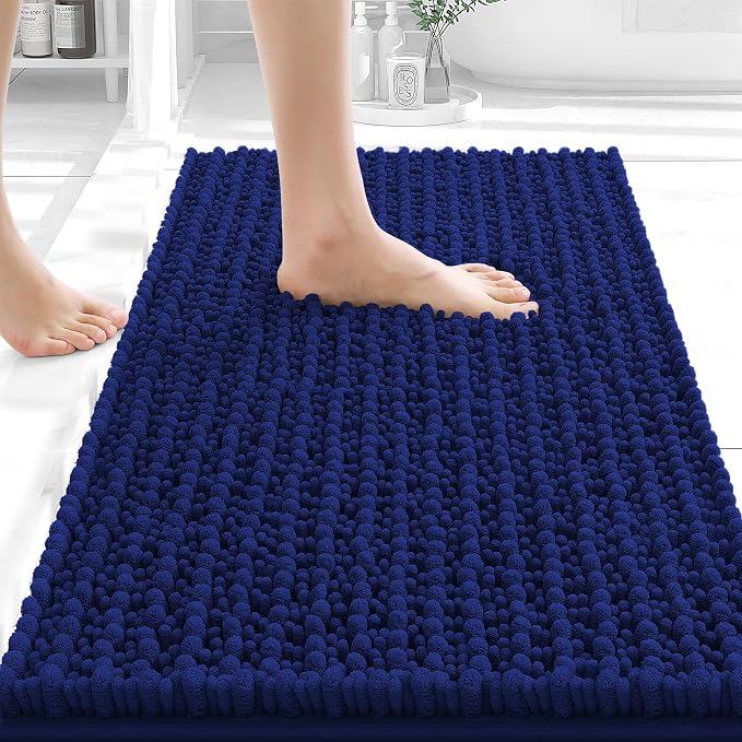 OLANLY Small Bathroom Rugs 24x16, Thick Soft Absorbent Chenille Bath Rugs | Navy Blue, Shaggy Bath Mat with Quick-Drying Rubber Backing, Washable for Floor, Tub and Shower, Home Decor Accessories