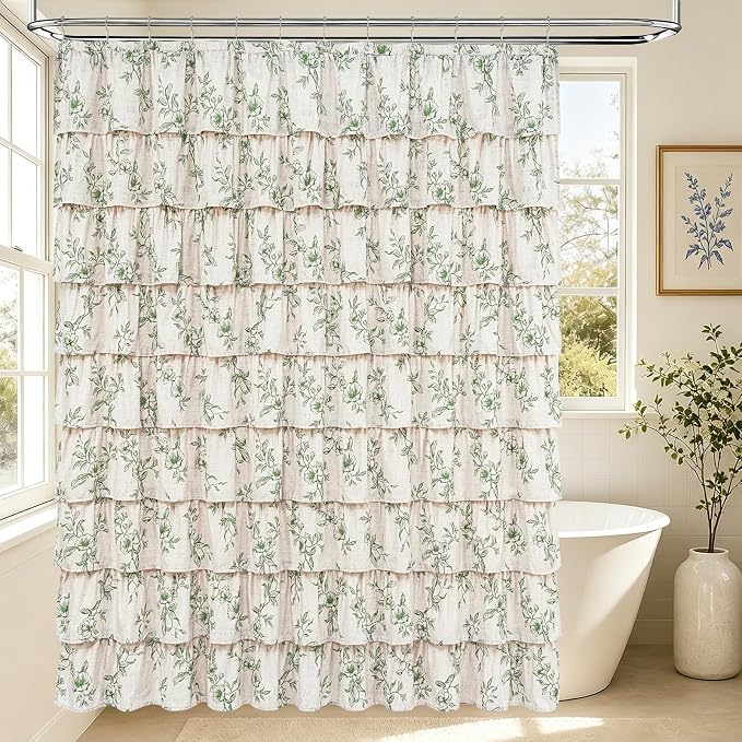 Extra Long Farmhouse Ruffle Shower Curtains with Green Floral, 72"Wx84"L | French Country Vintage Rustic Washable Waterproof Shower Curtain for Bathroom Bathtub, 12 Metal Hooks