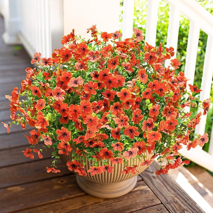 Artificial Fall Flowers Faux Mums for Outdoor Indoor Garden Home Decoration, Faux Flower Daisy with Eucalyptus Leaves Fake Mums Plants Greenery Boxwood Porch Patio, 12 Bundles (Orange)