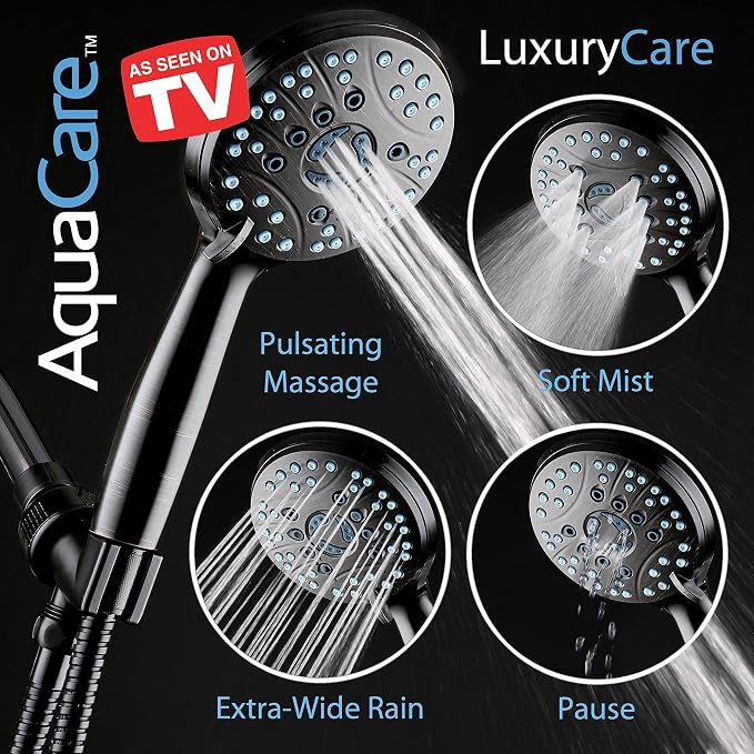 AquaCare 8-mode High Pressure Handheld Shower Head with 2-mode Power Wash | Stay Clean Nozzles, Dual Power Wash for Tub, Tile & Pets, Long 6 ft. Stainless Steel Hose, Wall & Overhead Brackets / Bronze