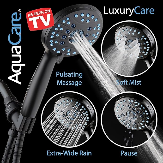 AquaCare High Pressure 8-mode Handheld Shower Head - Anti-clog Nozzles, Built-in Power Wash to Clean Tub, Tile & Pets, Extra Long 6 ft. Stainless Steel Hose, Wall & Overhead Brackets | Stay Clean Nozzles, Dual Power Wash for Tub, Tile & Pets, Long 6 ft...