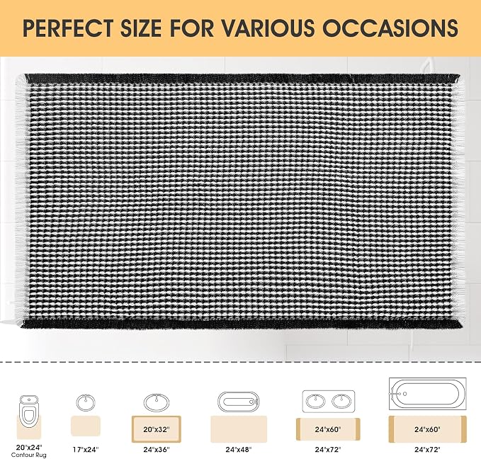 Waffle Bath Mat Black & Cream 32"x20", Boho Woven Modern Bath Mat Rugs, Absorbent Non Slip Bathroom Rugs, Soft Washable Bath Rugs with Tassels for Bedroom, Kitchen, Shower, Tub